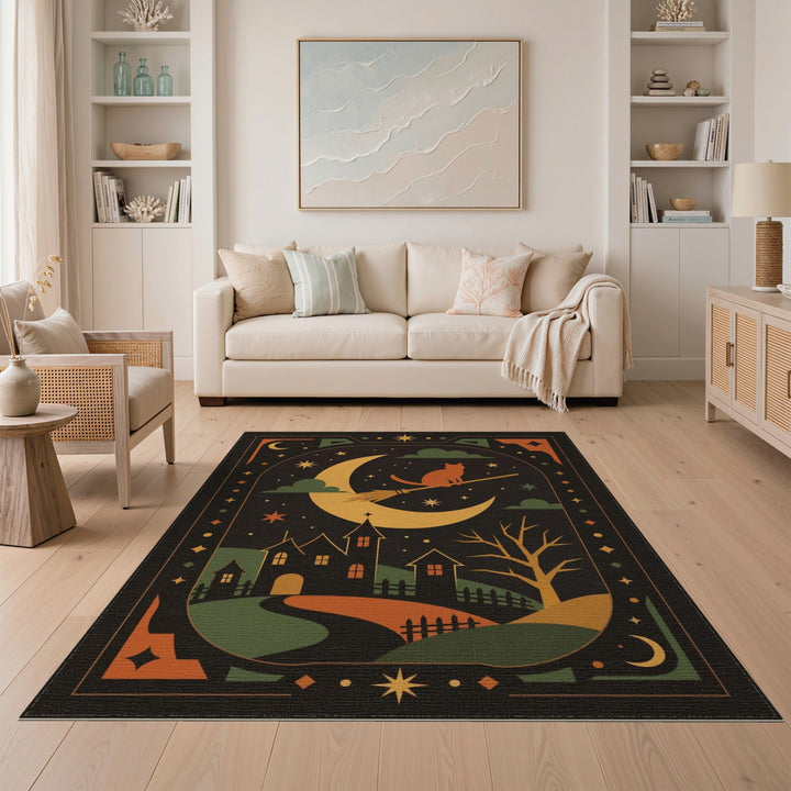 Witch Cat on Broom Halloween Area Rug
