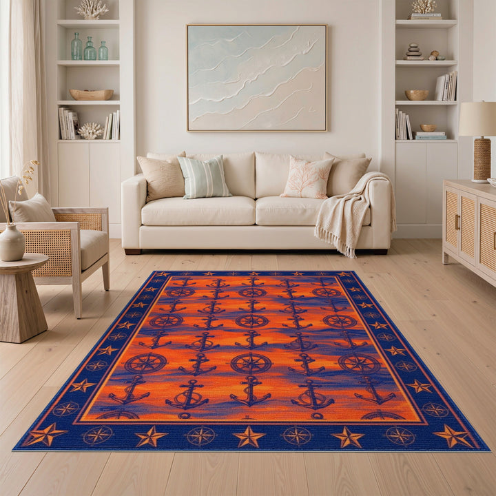Orange Nautical Anchor Compass Area Rug