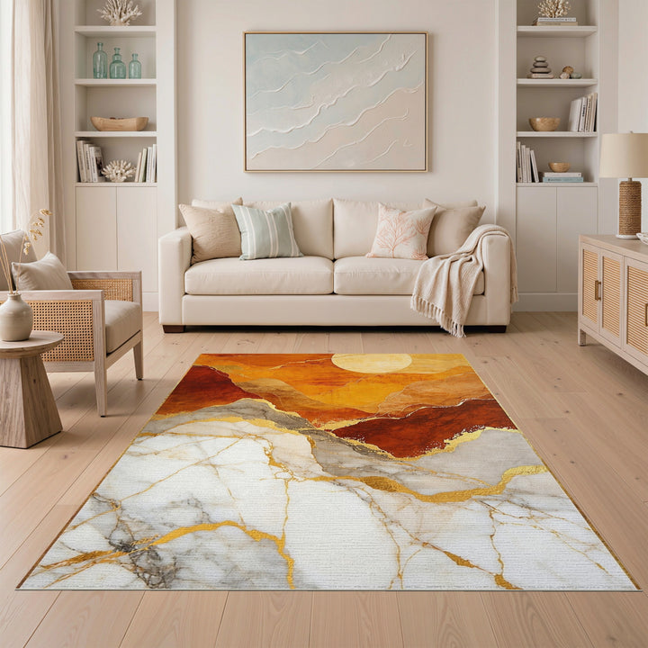 Abstract Orange Marble Gold Area Rug