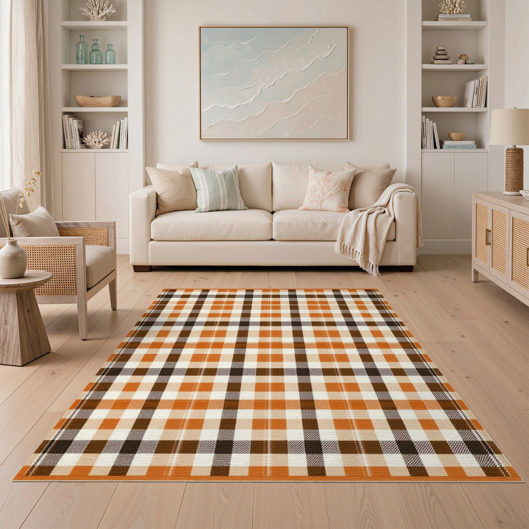 Orange Brown Checkered Area Rug