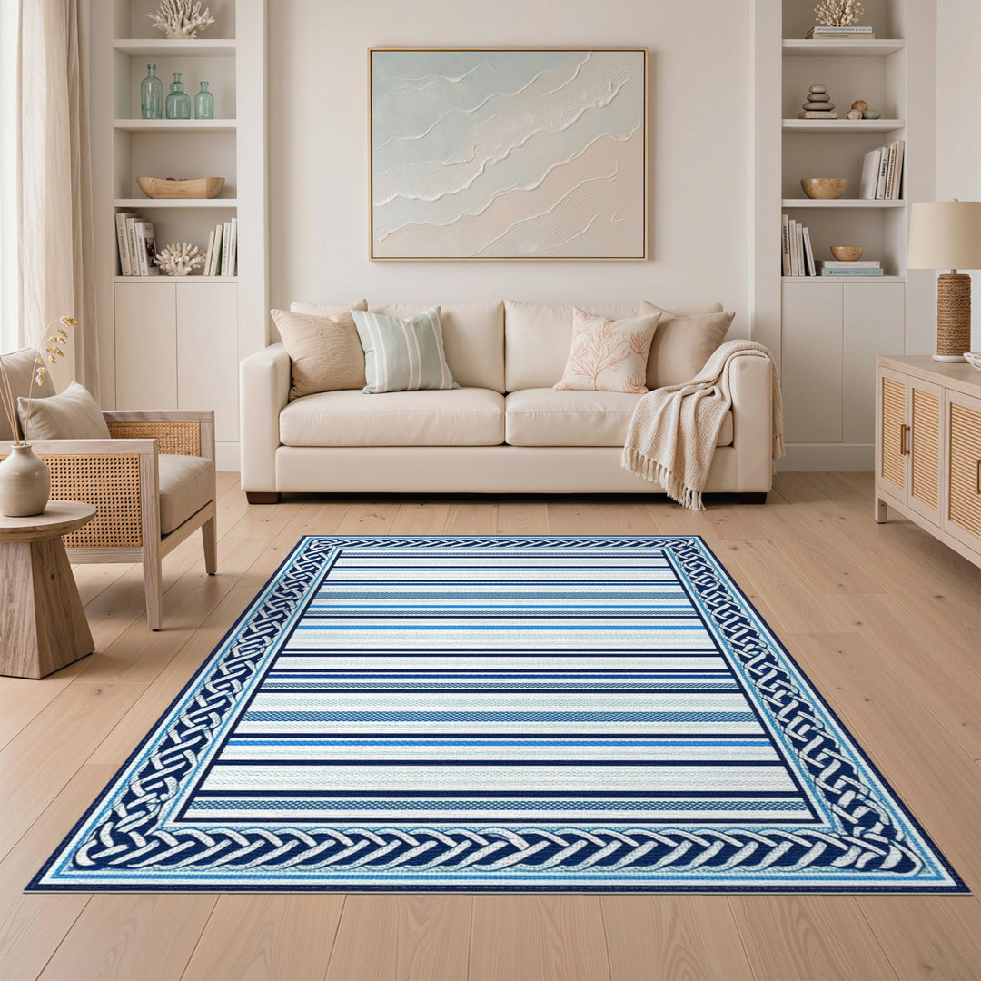Blue Striped Heritage Area Rug with Knot Border