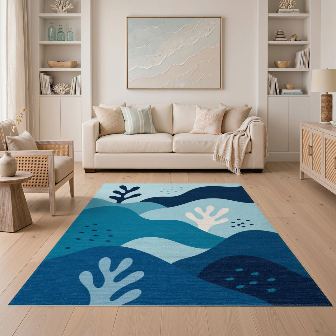 Blue Teal Abstract Wave Area Rug