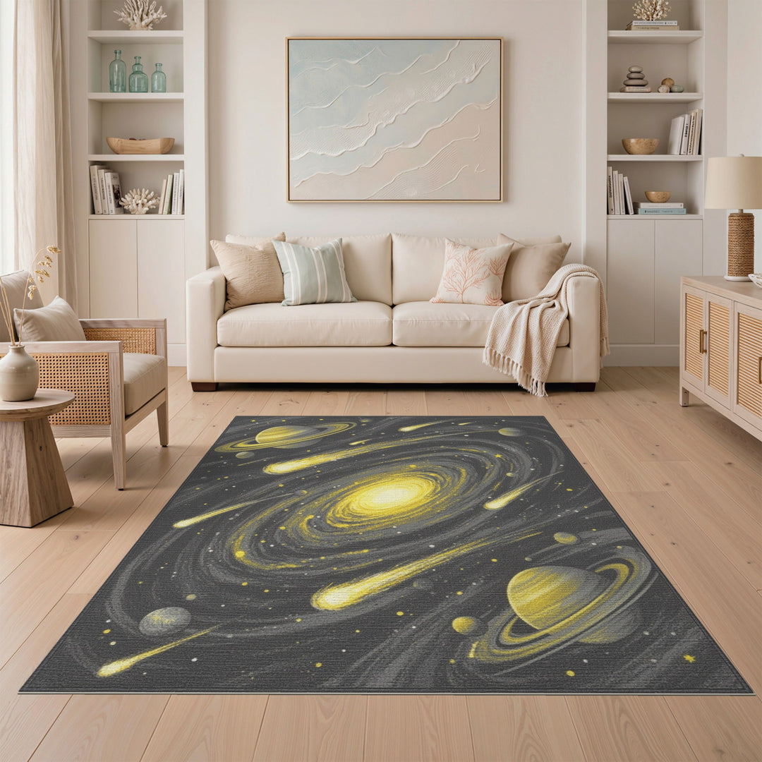 Yellow Galaxy Spiral Washable Area Rug