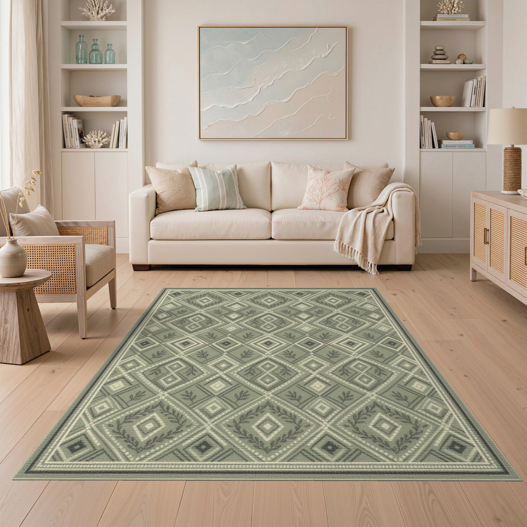 Geometric Modern Sage Green Geometric Diamond Area Rug