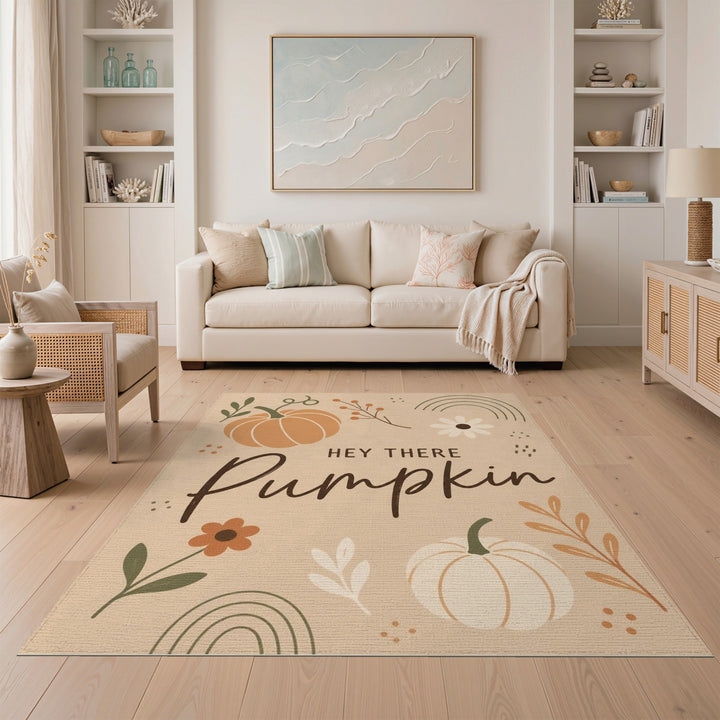Rustic Farmhouse Hey There Pumpkin Beige Area Rug
