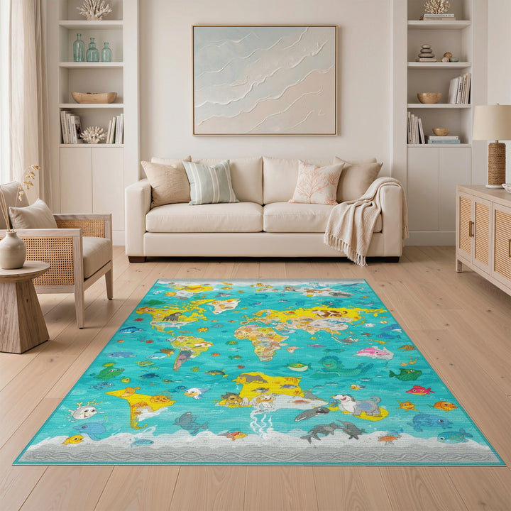 Kids Cartoon World Map Area Rug with Animals