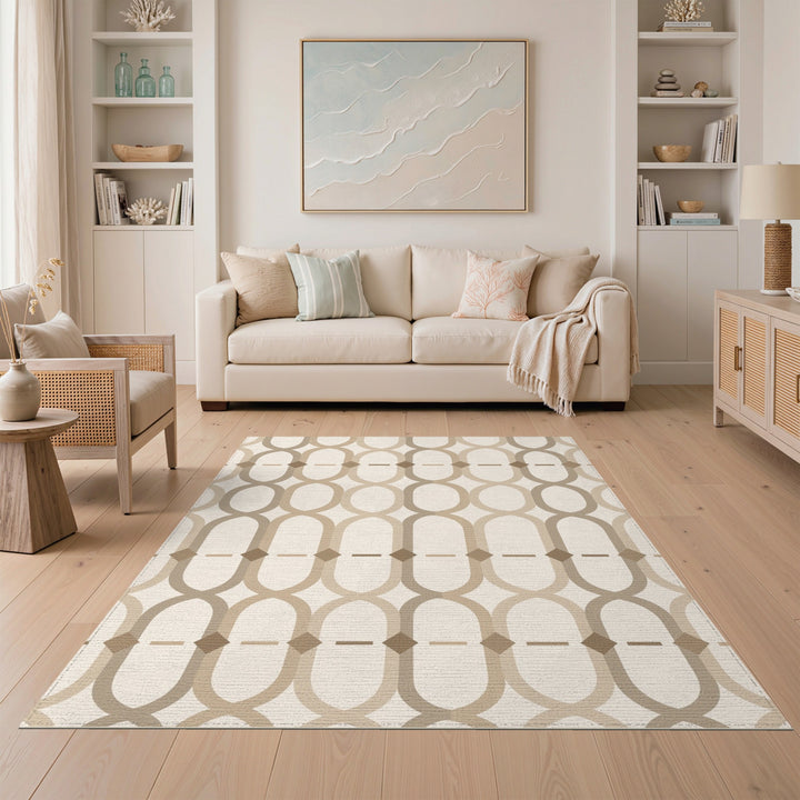 Beige Geometric Oval Link Area Rug