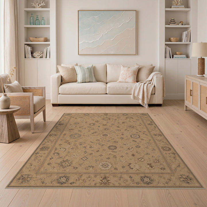 Beige and Neutral Beige Traditional Persian Floral Area Rug