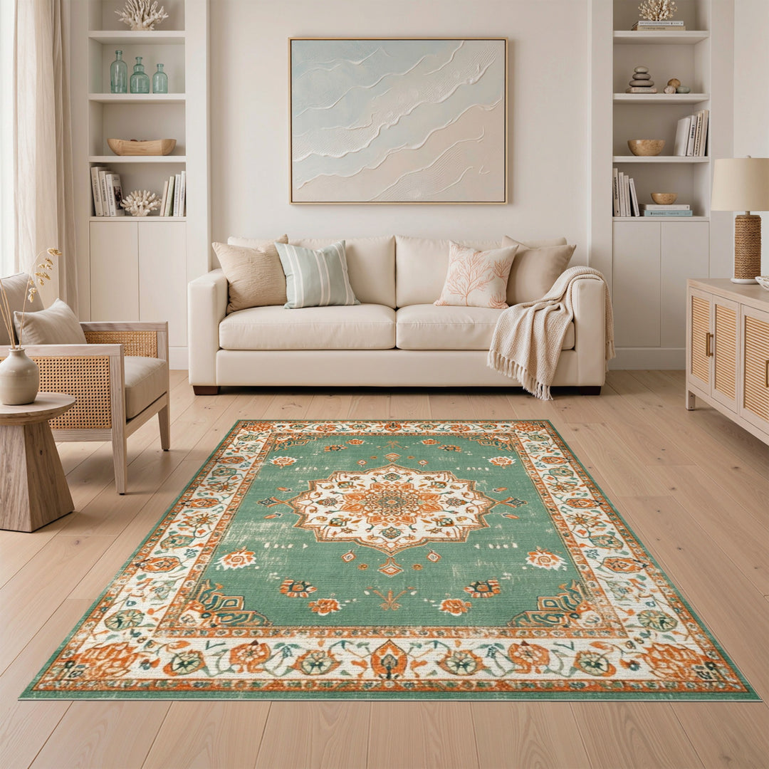 Distressed Vintage Green Distressed Medallion Area Rug