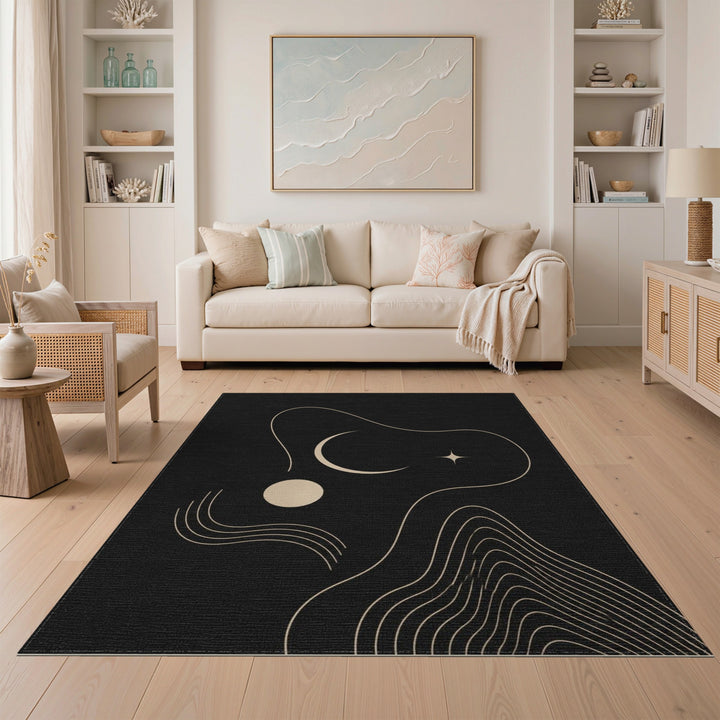 Black Abstract Moon Star Area Rug