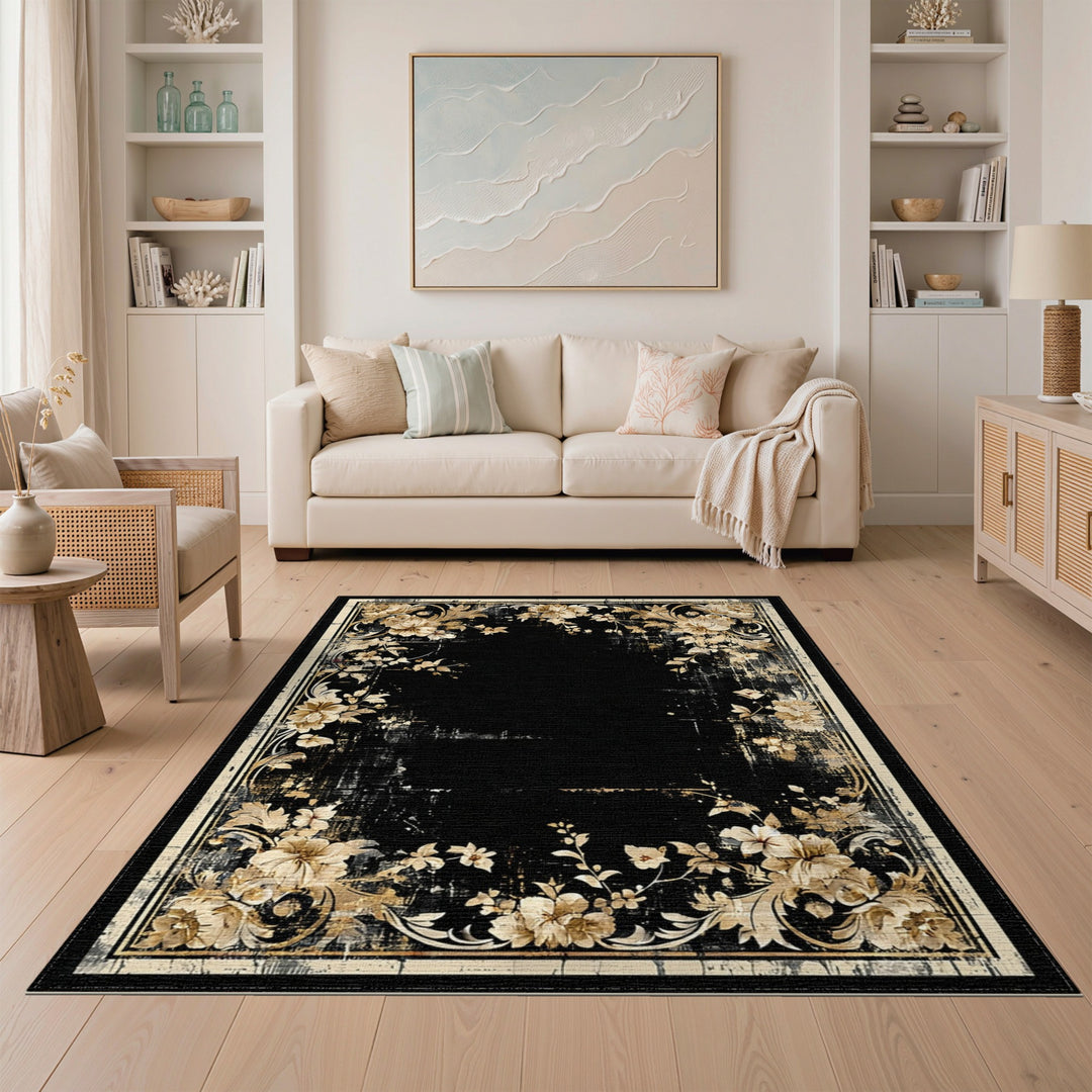 Distressed Floral Black Area Rug