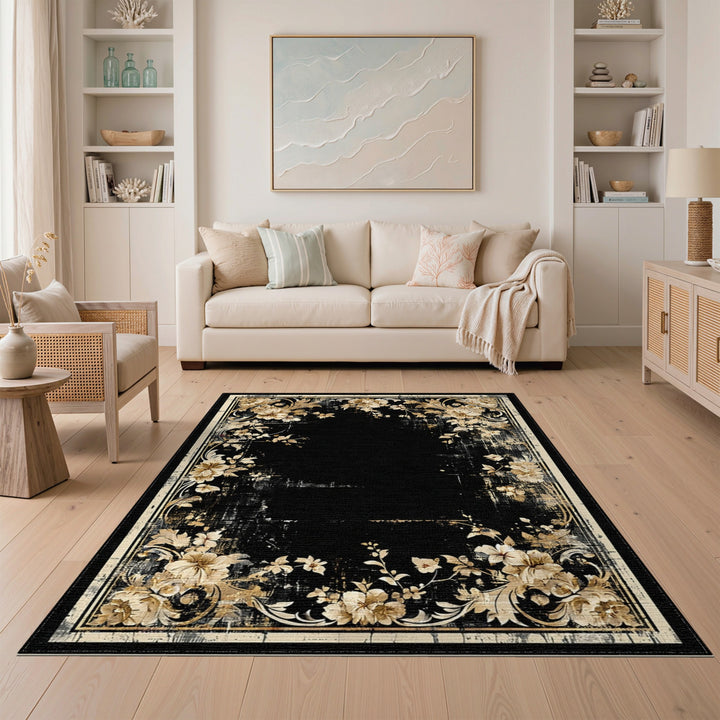 Distressed Floral Black Area Rug