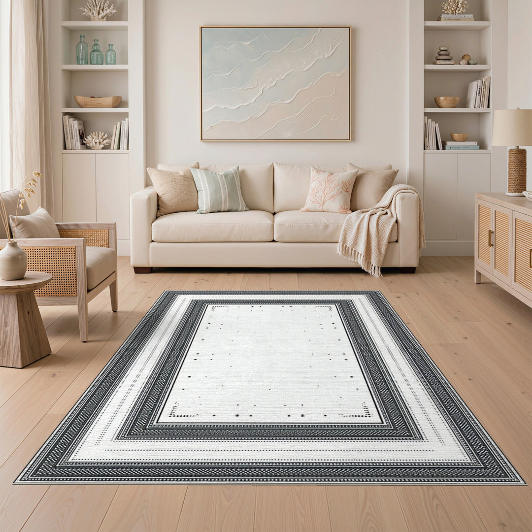 Black White Traditional Persian Border Rug