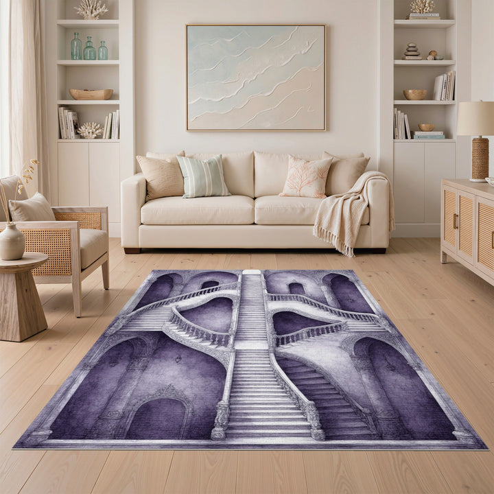 Purple Ornate Staircase Distressed Rug