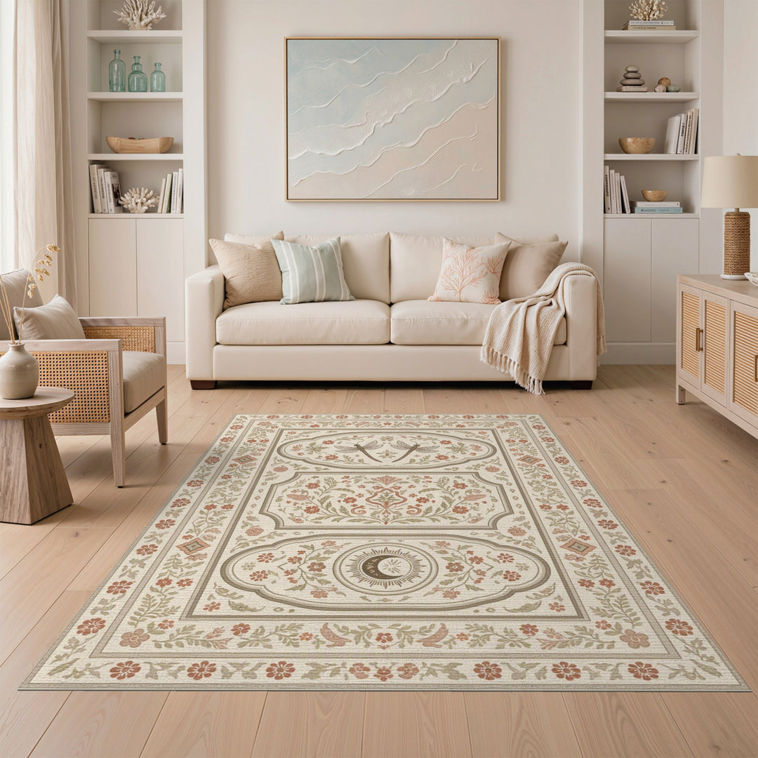 Beige Vintage Floral Dragonfly Area Rug
