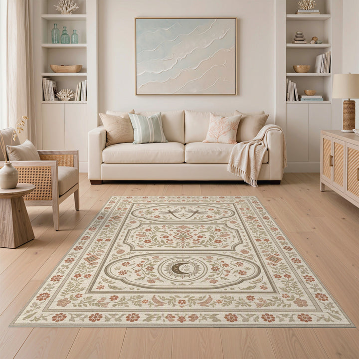 Beige Vintage Floral Dragonfly Area Rug