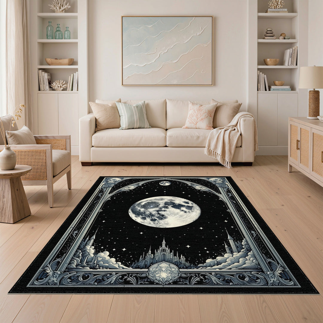 Gothic Moon Castle Black White Area Rug