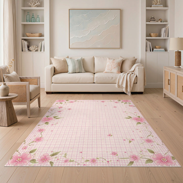 Pink Gingham Floral Washable Area Rug
