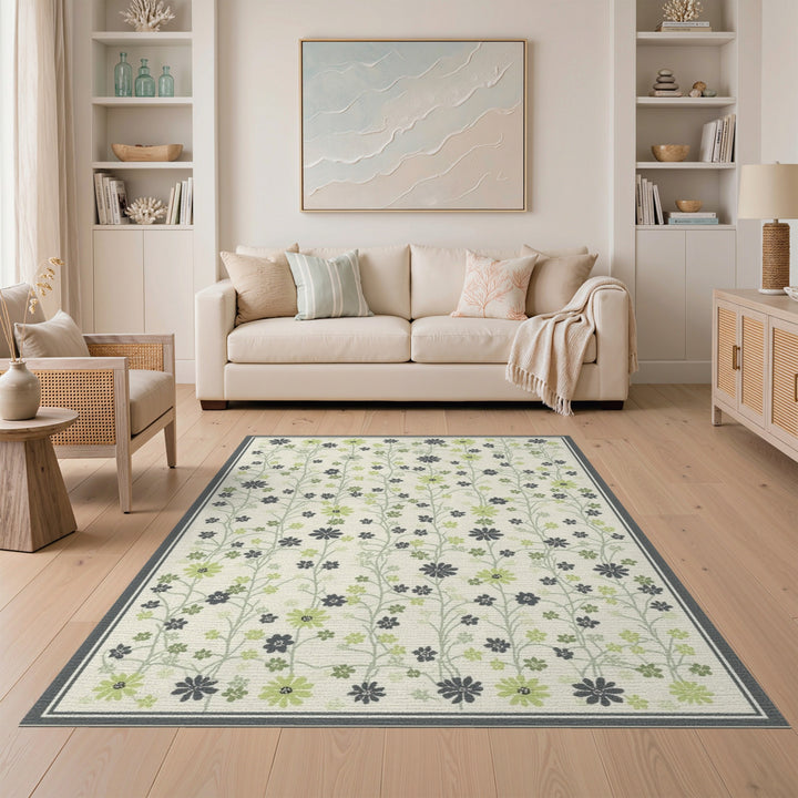 Green Floral Vine Cream Area Rug