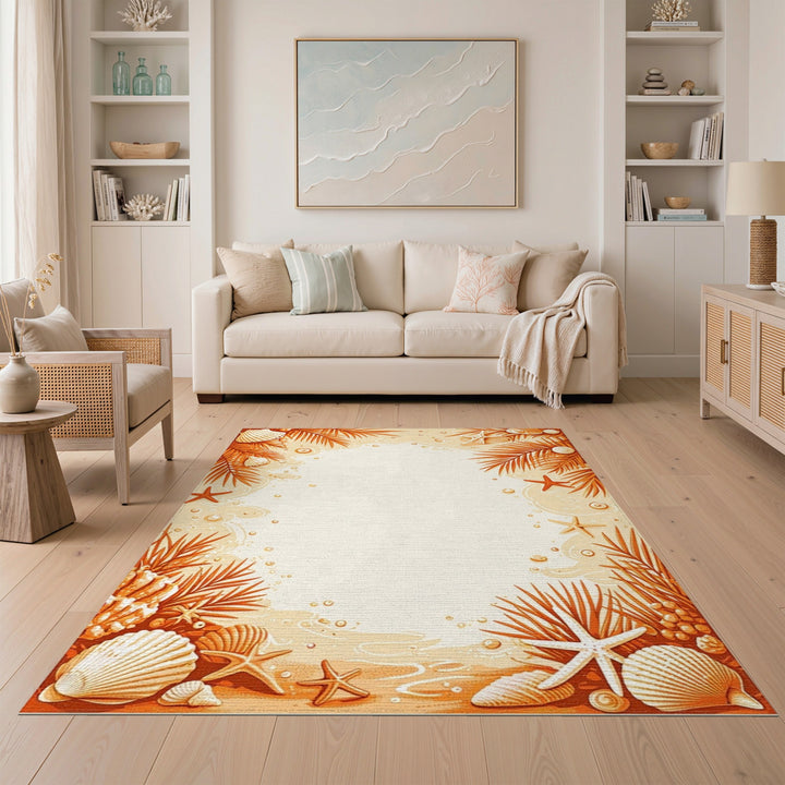 Orange Seashell Starfish Coastal Area Rug