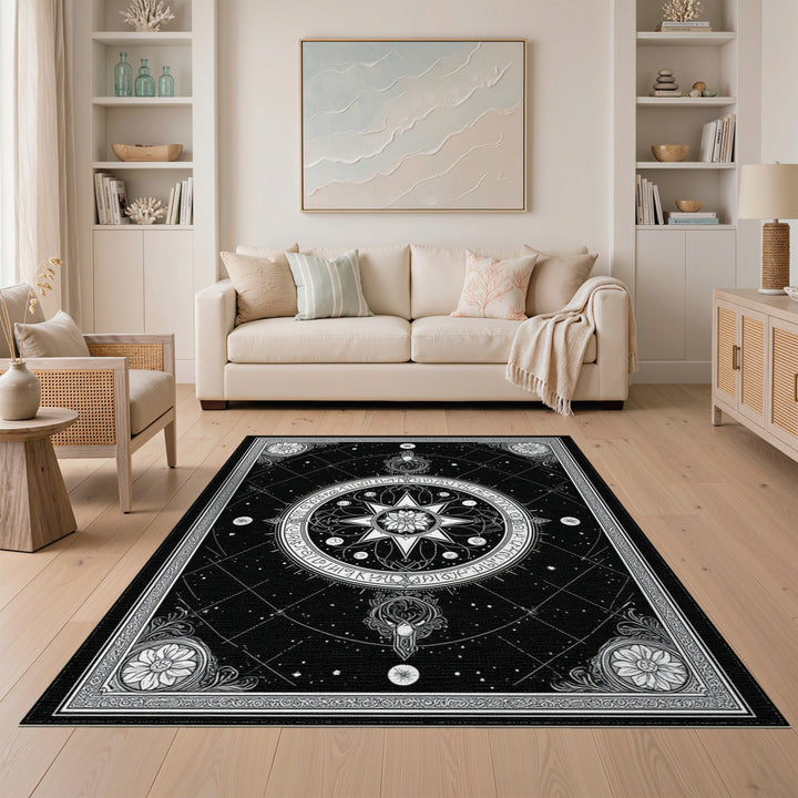 Celestial Star Medallion Black White Rug