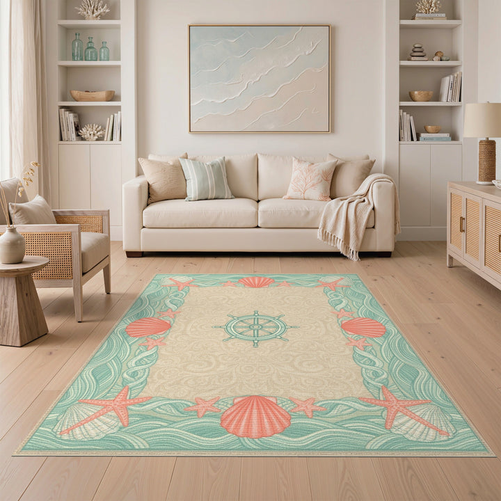 Teal Coastal Seashell and Starfish Area Rug