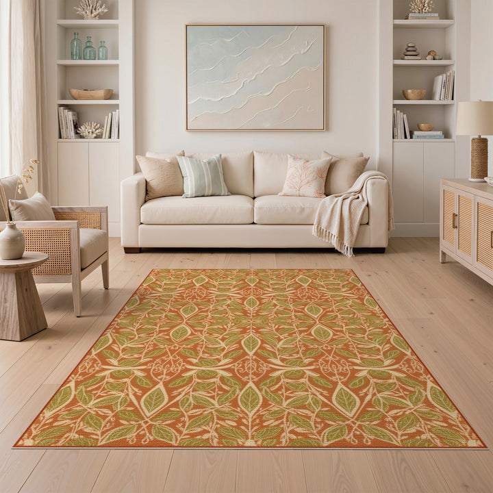 Orange Green Leaf Vintage Area Rug