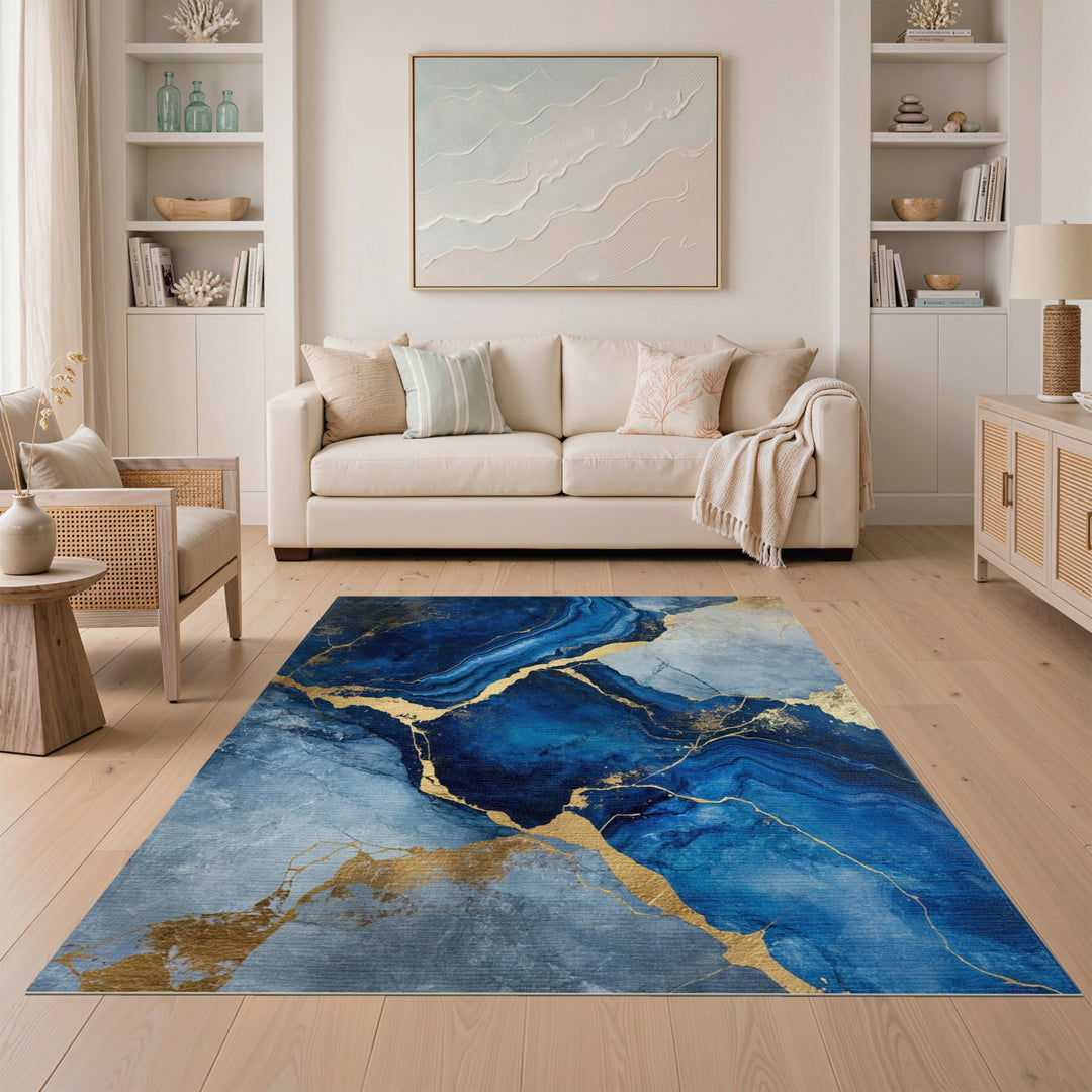 Blue Gold Abstract Marble Area Rug