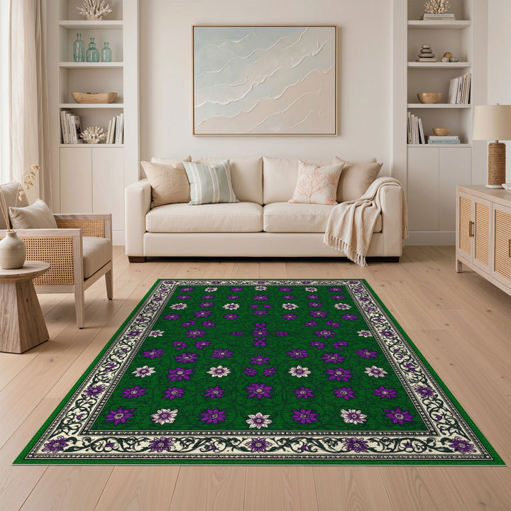 Green Purple Floral Vintage Green Area Rug