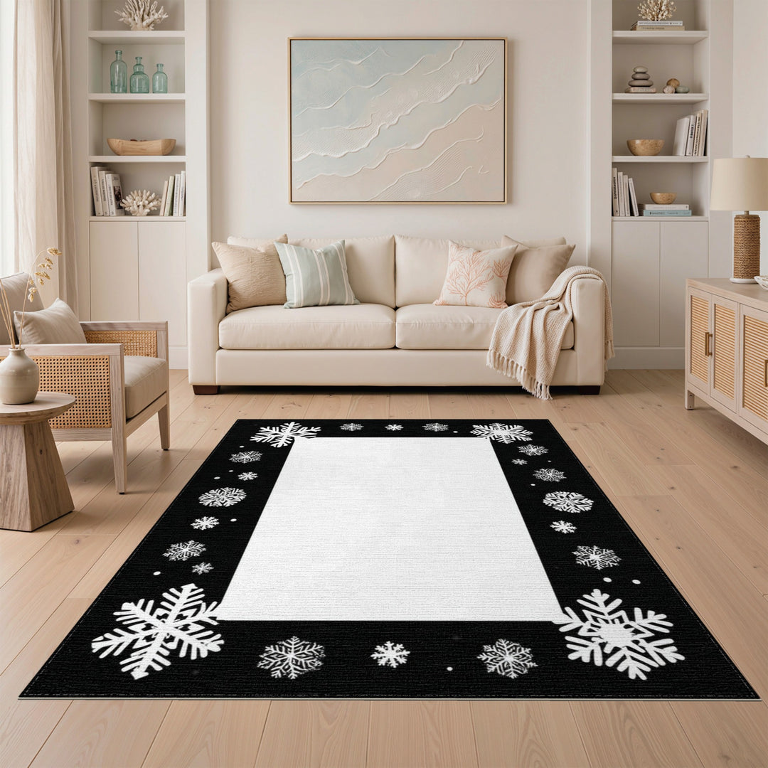 Black White Snowflake Kids Area Rug
