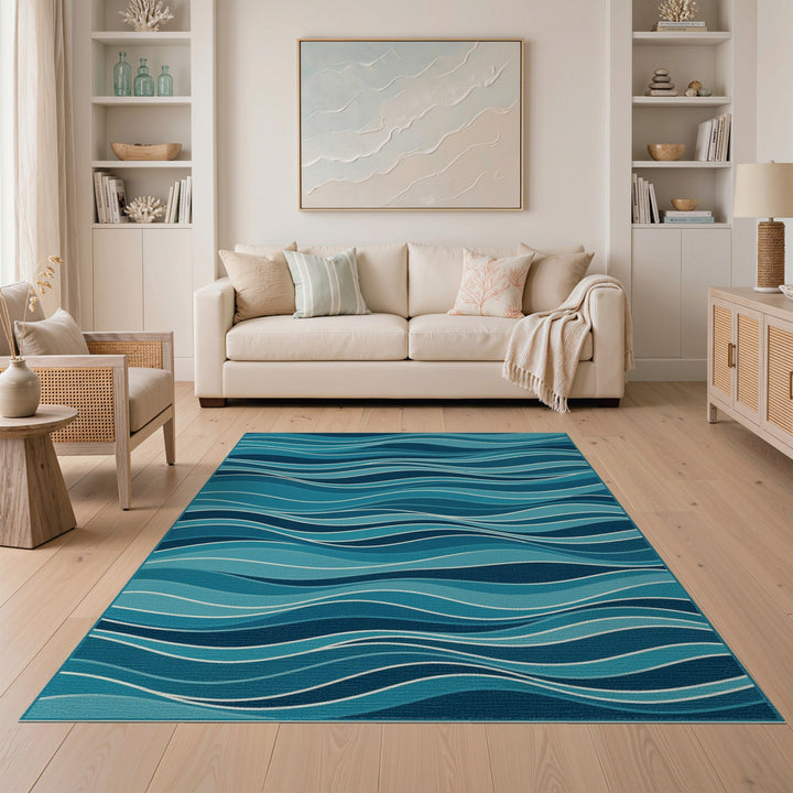 Teal Wave Blue Coastal Area Rug