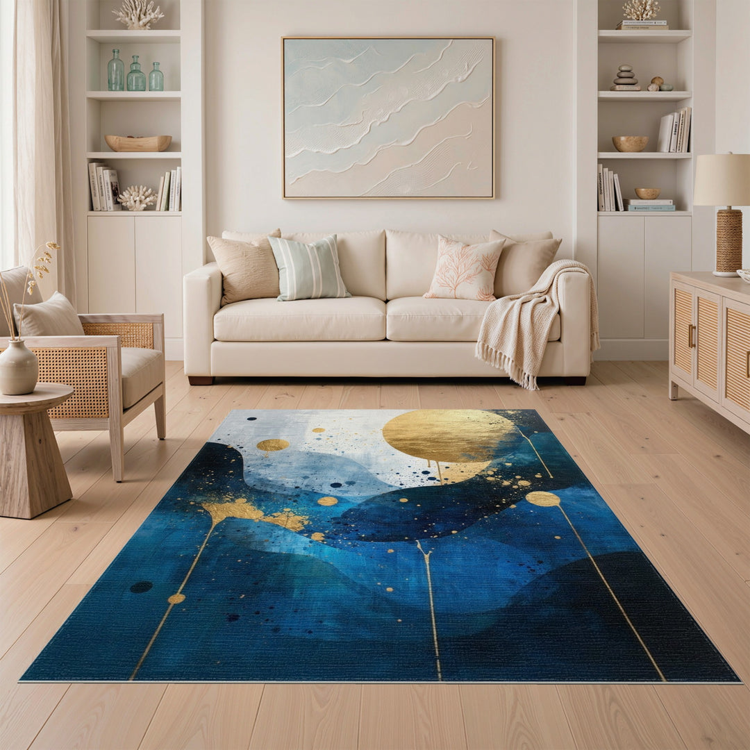 Blue and Teal Blue Gold Abstract Wave Area Rug