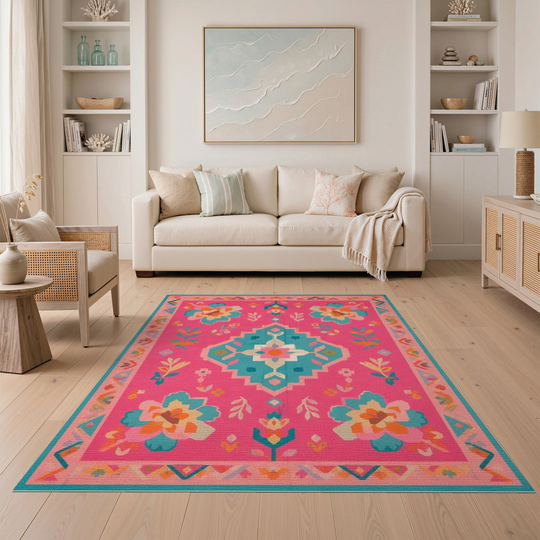 Pink Boho Floral Geometric Area Rug