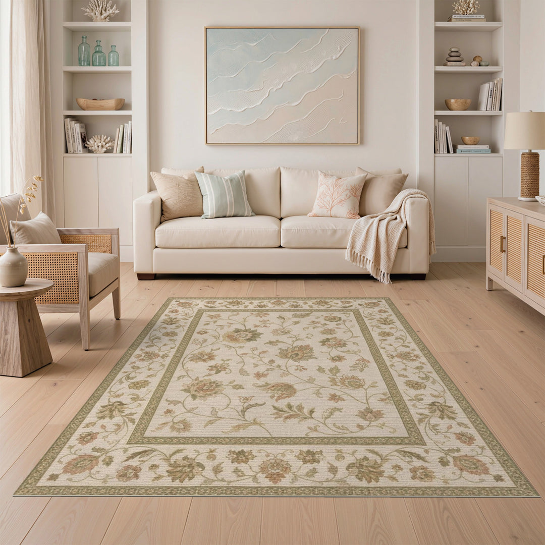 Floral Vintage Beige Area Rug with Green Accents