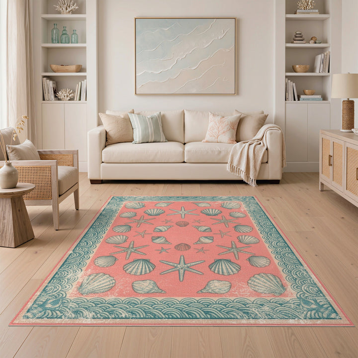 Pink Coastal Seashell Starfish Area Rug