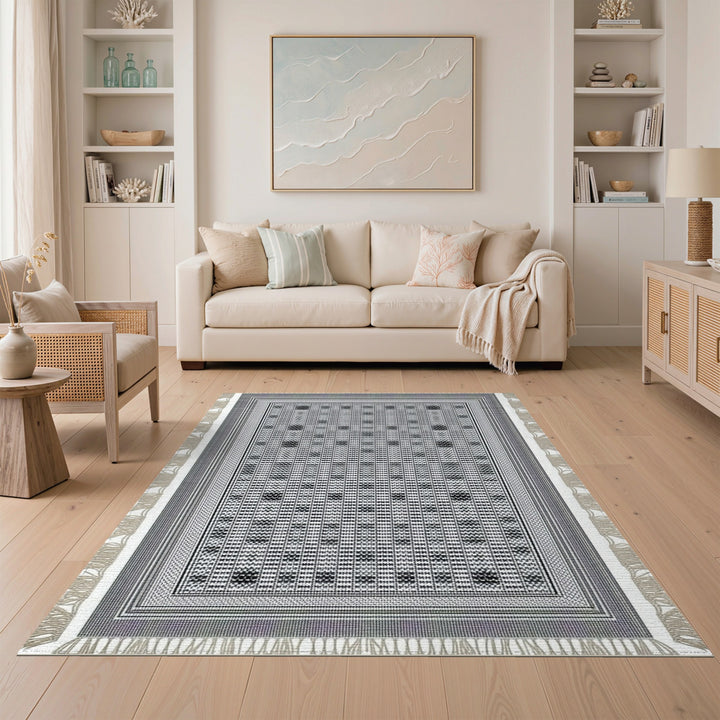 Black and White Black White Geometric Bordered Area Rug