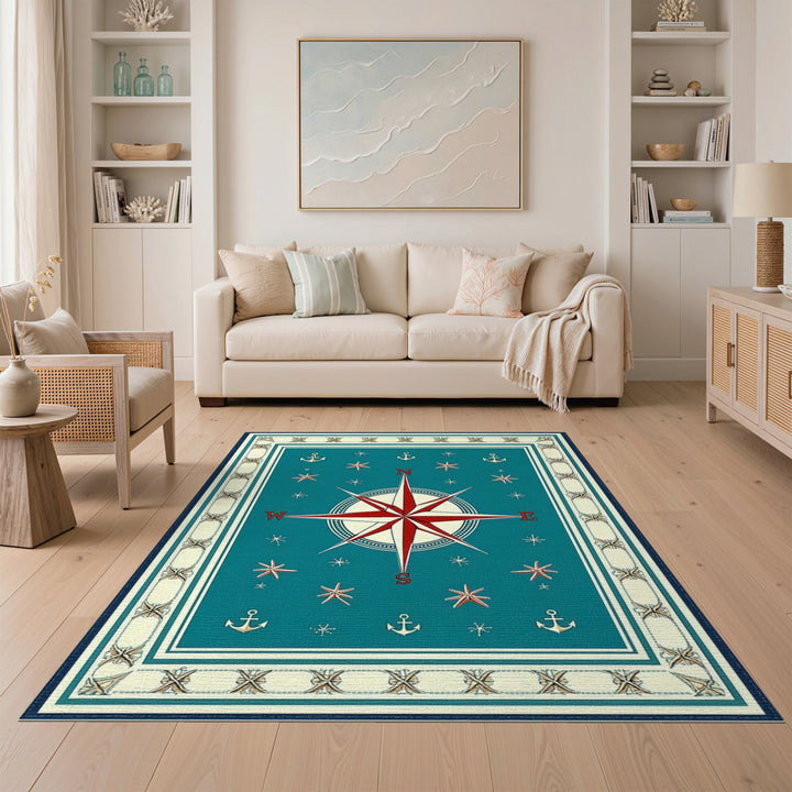 Teal Nautical Compass Area Rug