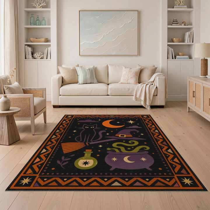 Enchanted Black Cat Witch Halloween Area Rug