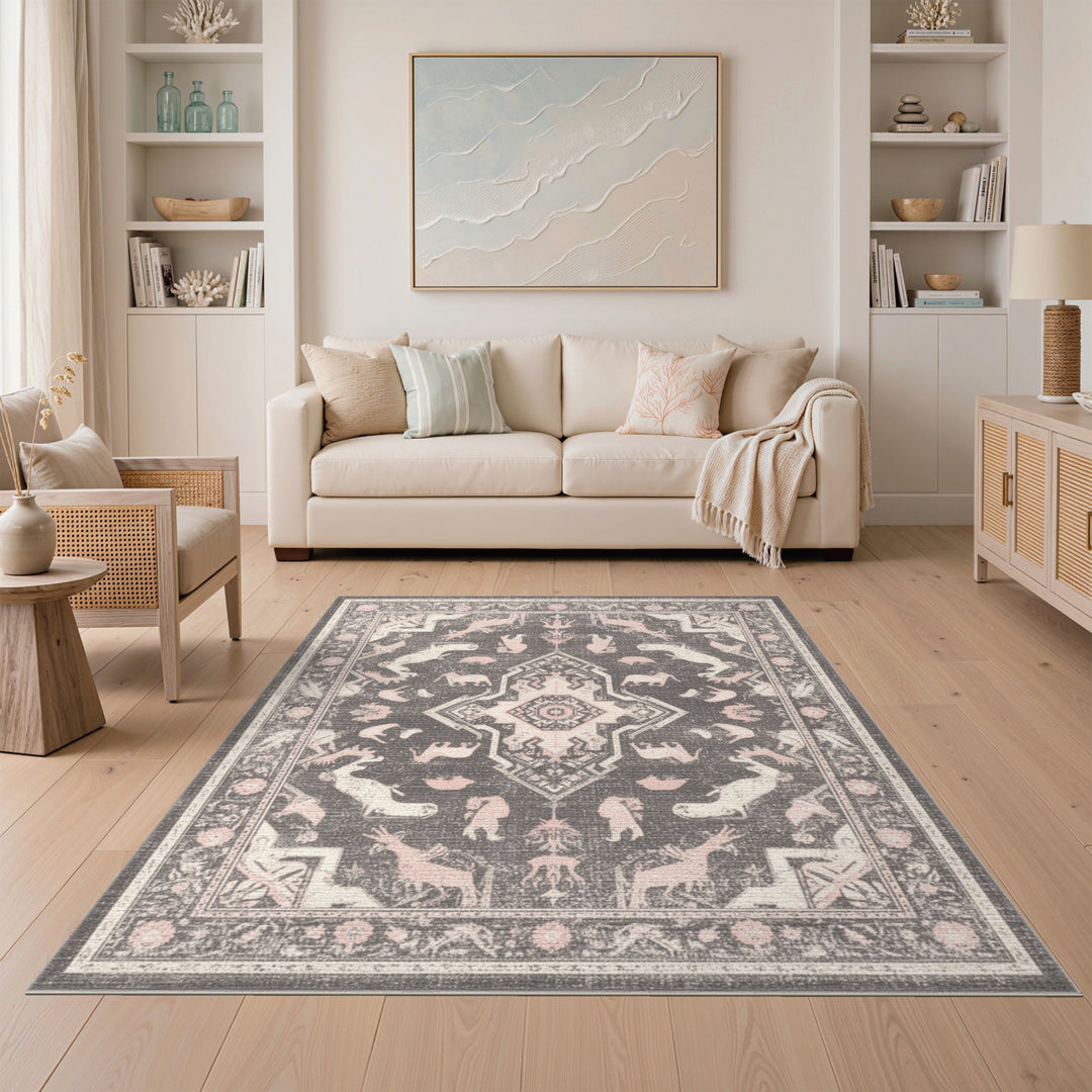 Pink Distressed Animal Motif Area Rug