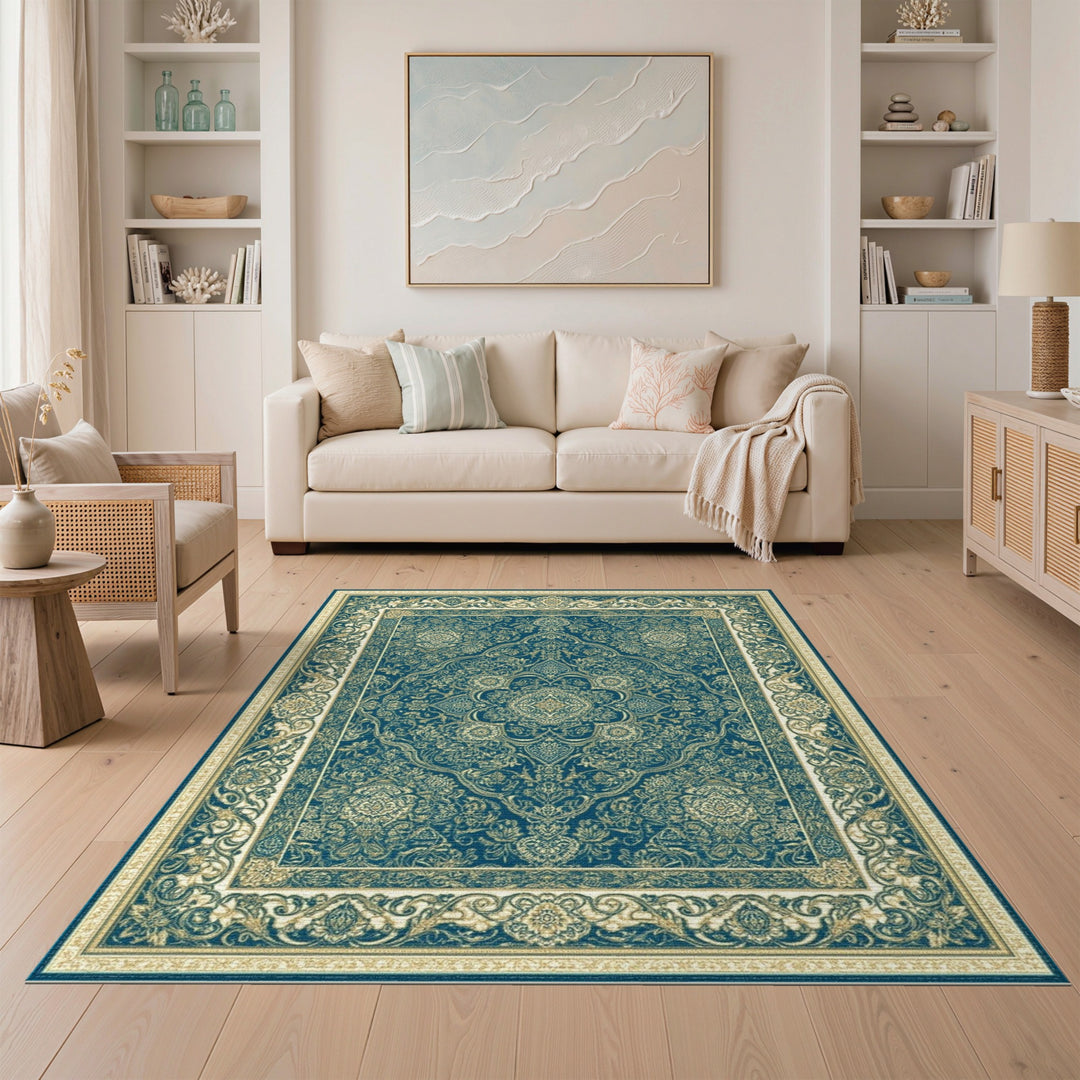 Gold Traditional Persian Teal Gold Persian Medallion Area Rug