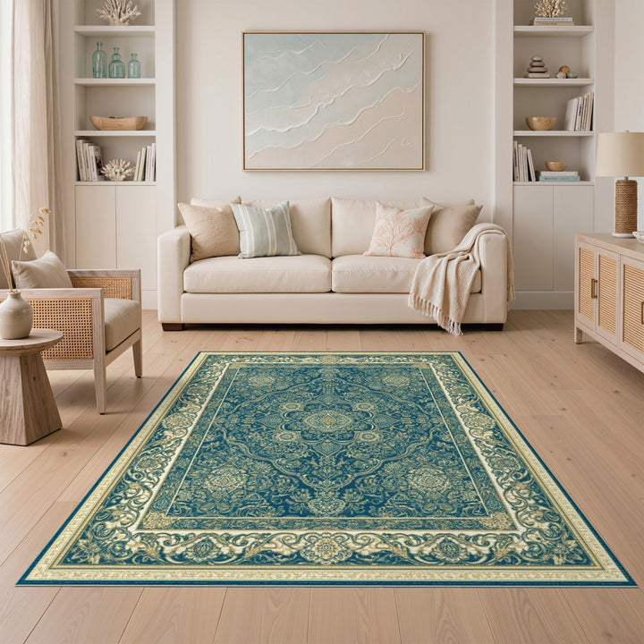 Gold Traditional Persian Teal Gold Persian Medallion Area Rug