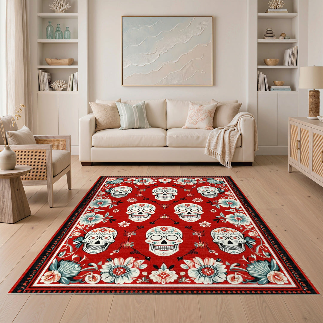 Red Floral Sugar Skull Area Rug