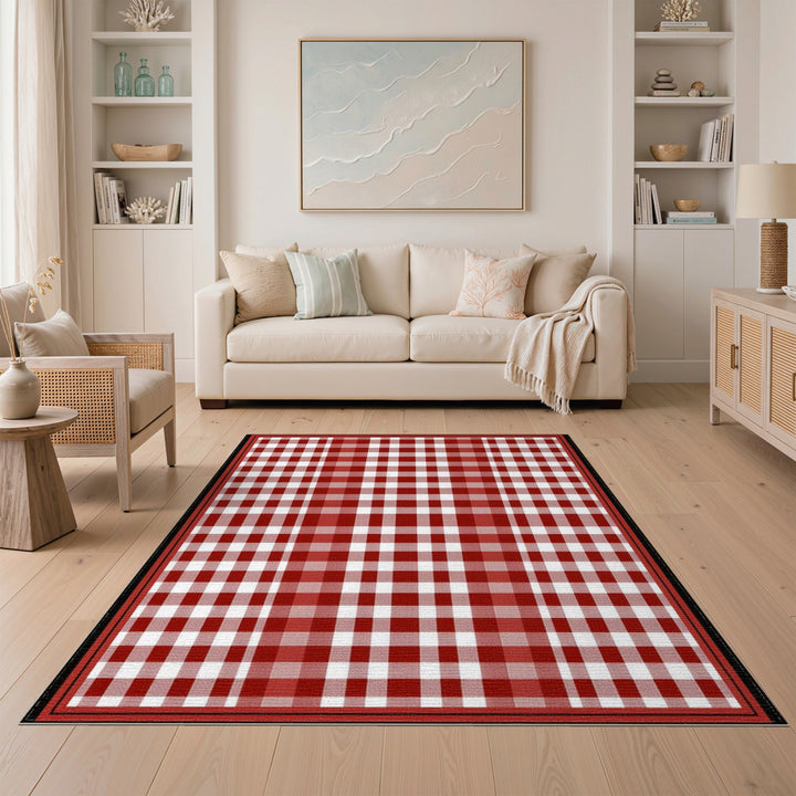 Rustic Farmhouse Red Gingham Checkered Area Rug