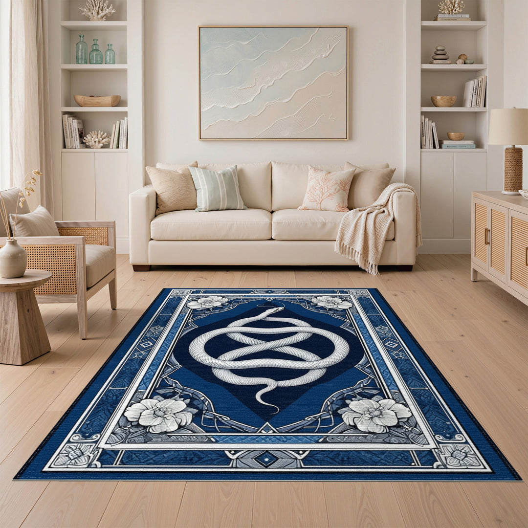Coiled White Snake Blue Floral Area Rug