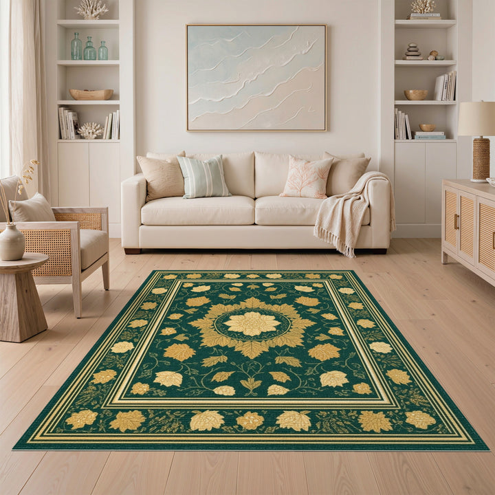 Green Floral Vintage Area Rug with Gold Medallion