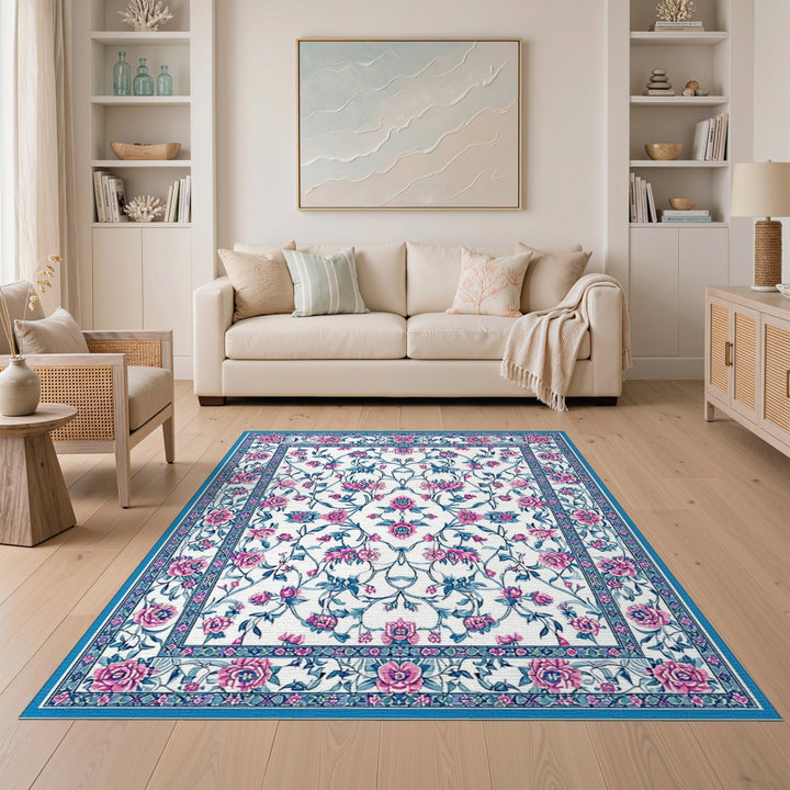 Blue and Teal Blue Pink Floral Vintage Area Rug