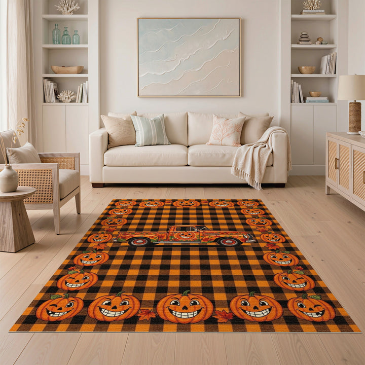 Smiling Pumpkin Truck Orange Checkered Area Rug