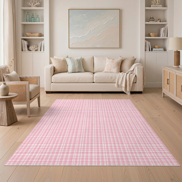 Pink Gingham Checkered Washable Pink Area Rug