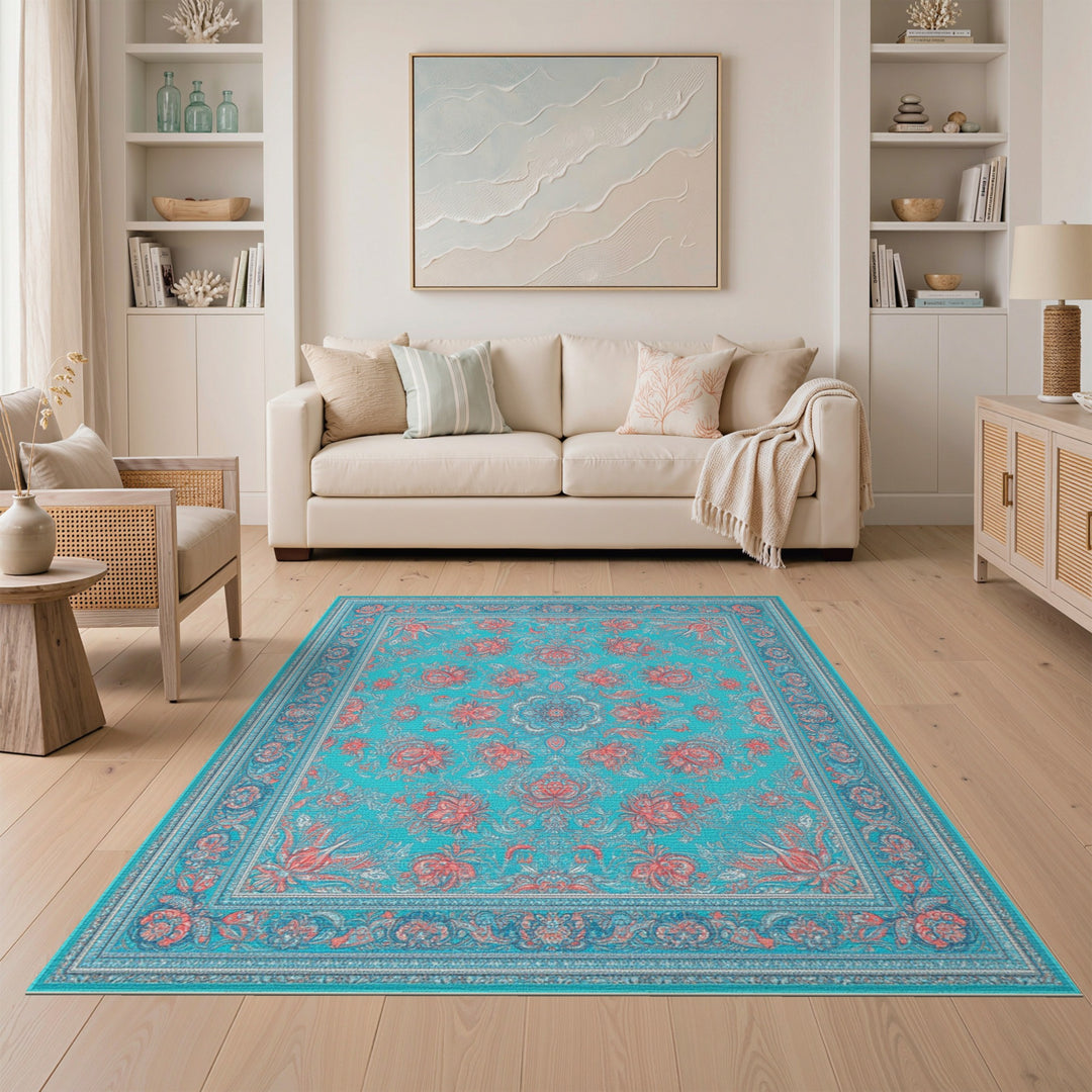 Teal Red Floral Medallion Area Rug