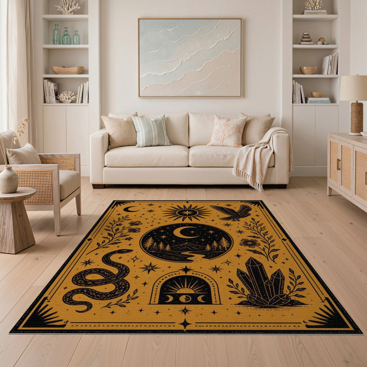 Celestial Boho Area Rug with Snake Owl and Moon